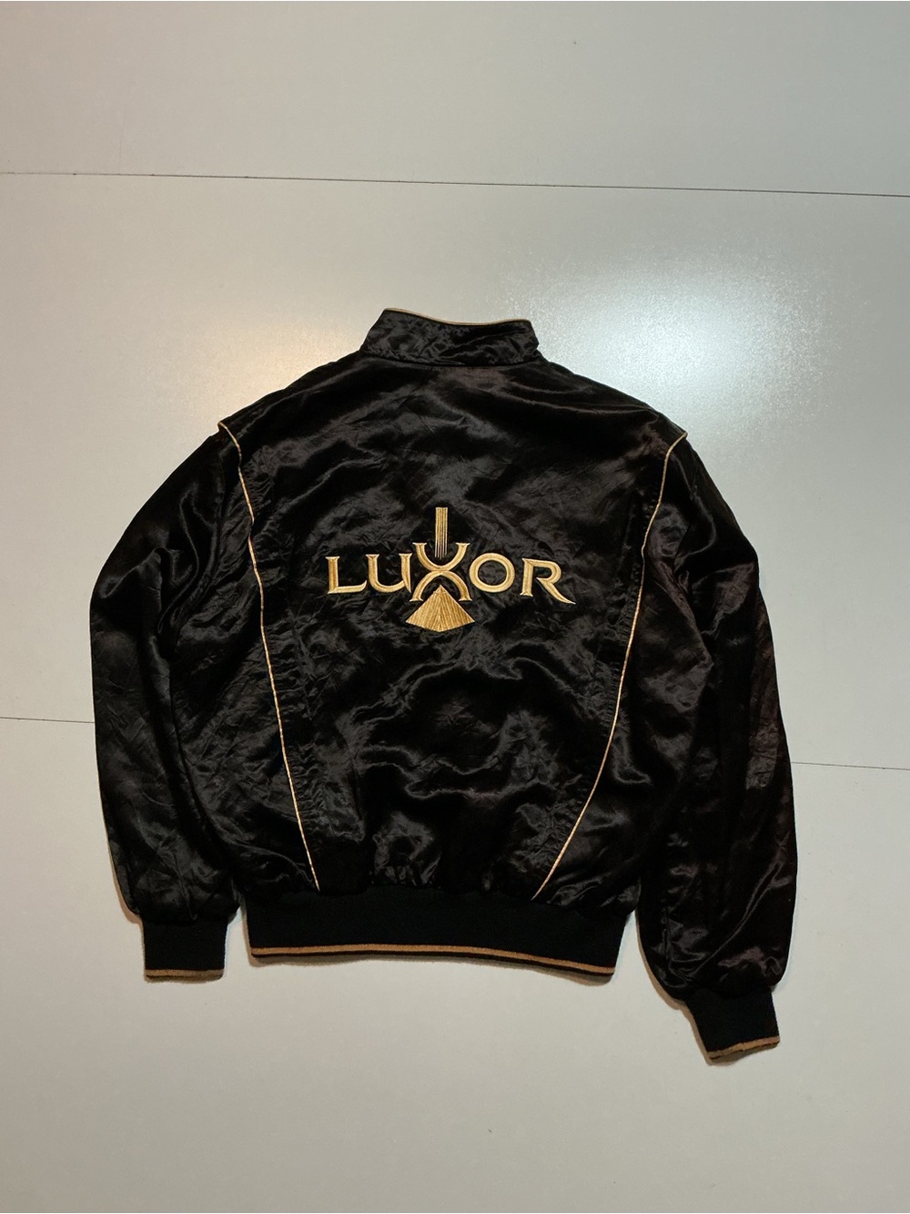 Vintage 80s Luxor Las Vegas Casino Satin Pyramid Embroidered MAP Bomber Jacket